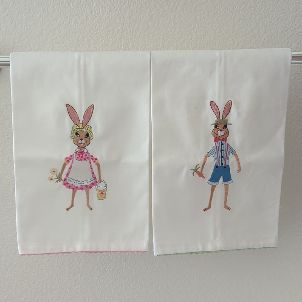 Pair of  White Cotton Kitchen Tea Towels  Embroidered  Bunny Design - Picture 2 of 10